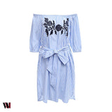 Trendy Off The Shoulder Stripe Floral Embroidery Dress