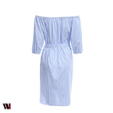 Trendy Off The Shoulder Stripe Floral Embroidery Dress