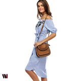 Trendy Off The Shoulder Stripe Floral Embroidery Dress