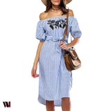 Trendy Off The Shoulder Stripe Floral Embroidery Dress