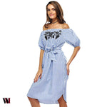 Trendy Off The Shoulder Stripe Floral Embroidery Dress