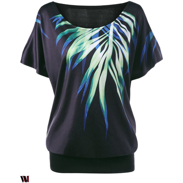 Plus Size Leaf Printed Cold Shoulder T-shirt