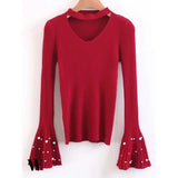 Choker Flare Sleeve Faux Pearl Sweater