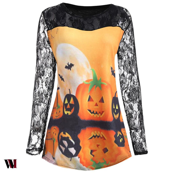 Plus Size Halloween Pumpkin Moon Lace Insert T-Shirt