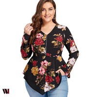 Plus Size Half Zipper Floral Asymmetric Long Sleeve Blouse