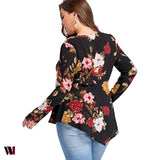 Plus Size Half Zipper Floral Asymmetric Long Sleeve Blouse