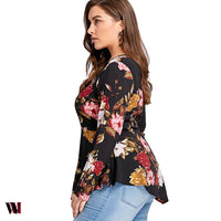 Plus Size Half Zipper Floral Asymmetric Long Sleeve Blouse