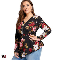 Plus Size Half Zipper Floral Asymmetric Long Sleeve Blouse