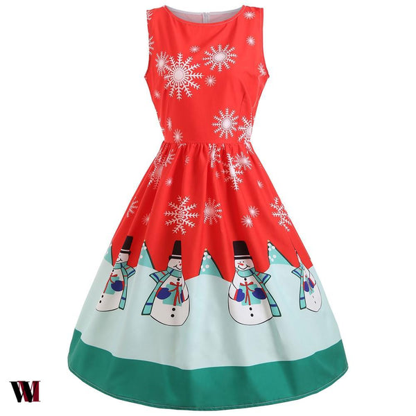 Snowflake Snowman Print Christmas Midi Dress