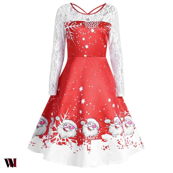 Lace Panel Santa Claus Print Flare Dress