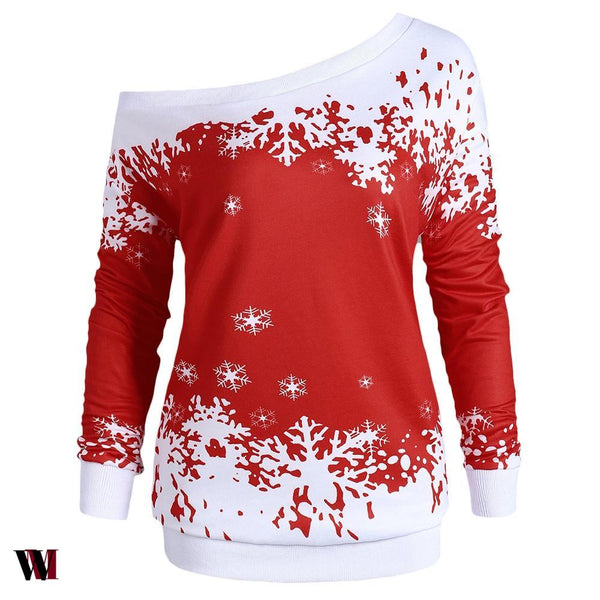 Plus Size One Shoulder Christmas Snowflake Sweatshirt