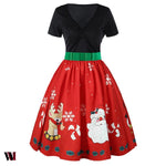 Short Sleeve Christmas Print Belted Vintage Dress