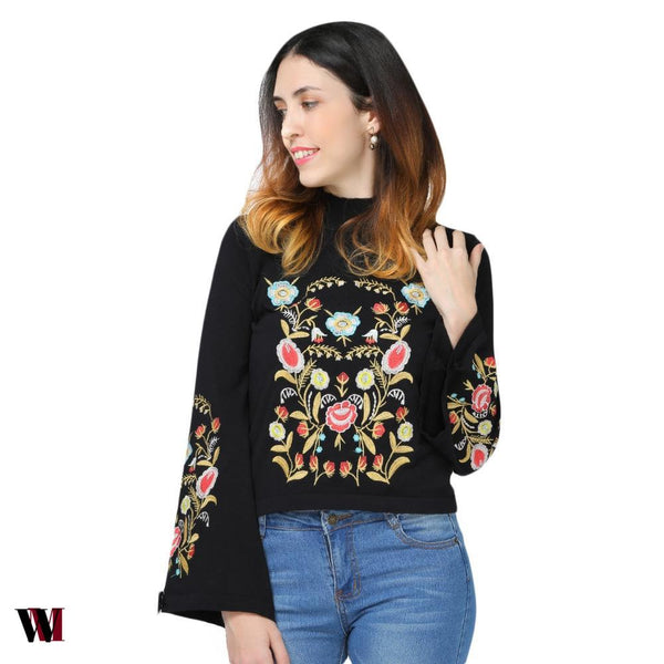 Stylish Stand Collar Long Sleeve Embroidery Sweater