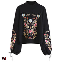 Stylish Stand Collar Long Sleeve Embroidery Sweater