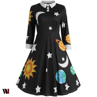 Flare Vintage Sun and Moon Print Dress