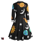 Flare Vintage Sun and Moon Print Dress