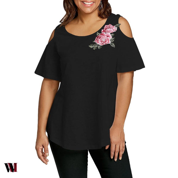 Plus Size Embroidery Appliqued Cold Shoulder T-shirt