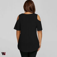 Plus Size Embroidery Appliqued Cold Shoulder T-shirt