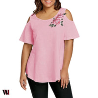 Plus Size Embroidery Appliqued Cold Shoulder T-shirt