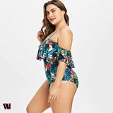 Plus Size Flounce Leaf Print One Piece Swimsuit