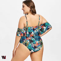 Plus Size Flounce Leaf Print One Piece Swimsuit