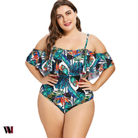 Plus Size Flounce Leaf Print One Piece Swimsuit