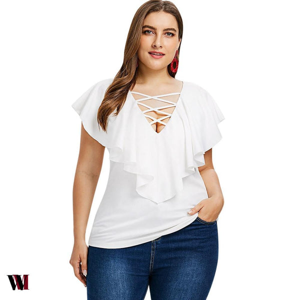 Criss Cross Plus Size Ruffle Insert T-shirt