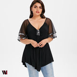 Plus Size V Neck Glittery Mesh Shoulder T-shirt