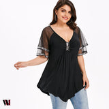 Plus Size V Neck Glittery Mesh Shoulder T-shirt