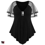Plus Size V Neck Glittery Mesh Shoulder T-shirt