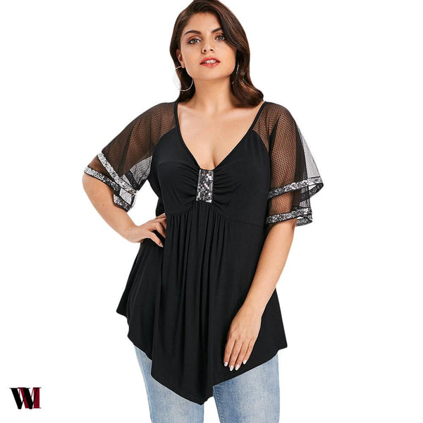 Plus Size V Neck Glittery Mesh Shoulder T-shirt