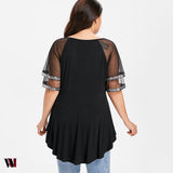 Plus Size V Neck Glittery Mesh Shoulder T-shirt