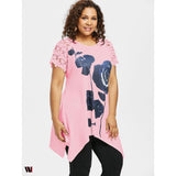 Plus Size Flower Pattern Lace Sleeve T-shirt