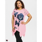 Plus Size Flower Pattern Lace Sleeve T-shirt