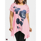 Plus Size Flower Pattern Lace Sleeve T-shirt