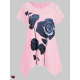 Plus Size Flower Pattern Lace Sleeve T-shirt