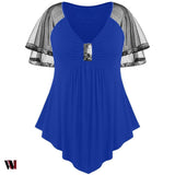 Plus Size V Neck Glittery Mesh Shoulder T-shirt