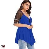 Plus Size V Neck Glittery Mesh Shoulder T-shirt