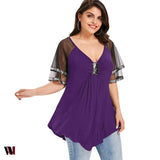 Plus Size V Neck Glittery Mesh Shoulder T-shirt