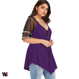 Plus Size V Neck Glittery Mesh Shoulder T-shirt