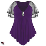 Plus Size V Neck Glittery Mesh Shoulder T-shirt