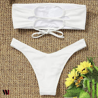 Strapless Backless Padded Lace-up Low Waist Bikini Set