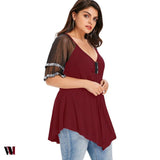 Plus Size V Neck Glittery Mesh Shoulder T-shirt