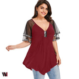 Plus Size V Neck Glittery Mesh Shoulder T-shirt