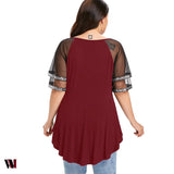 Plus Size V Neck Glittery Mesh Shoulder T-shirt