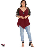 Plus Size V Neck Glittery Mesh Shoulder T-shirt