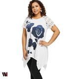 Plus Size Flower Pattern Lace Sleeve T-shirt