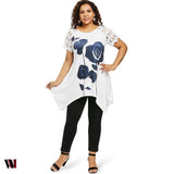Plus Size Flower Pattern Lace Sleeve T-shirt