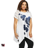Plus Size Flower Pattern Lace Sleeve T-shirt