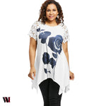 Plus Size Flower Pattern Lace Sleeve T-shirt